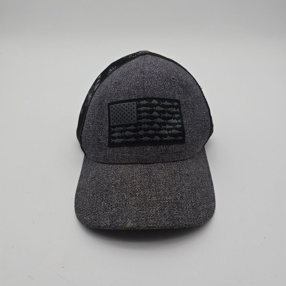 Columbia PFG Trucker Hat Black Mesh Fish USA Flag Cap Gear Stretchback OSFM
